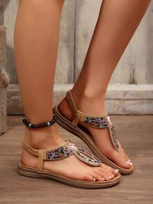 FVPFVP 2025 New Bohemian Style Beaded & Rhinestone Wedge Heel Soft Bottom Non-Slip Sandals For Women, Summer - Camel - View 6