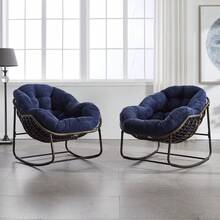 Silla mecedora de ratán para exteriores, silla reclinable con cojín acolchado para exteriores, para porche delantero, sala de estar, patio, jardín. 
 Blanco M4QV - Azul marino + acero + algodón - Ver 9