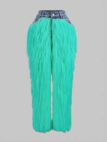 GLOURI Women's Faux Fur Jeans - High Waist Straight Leg Denim With Punk Rock Accents | Glam Night Out Pants For Weekend Parties & Evening Events (Edgy Street Style & Rocker Chic Vibes) - Hồ xanh - Xem 8