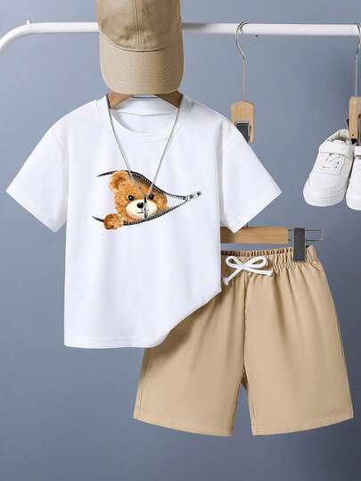 Tween Boy Cartoon Print Short Sleeve T-Shirt And Shorts Summer Set