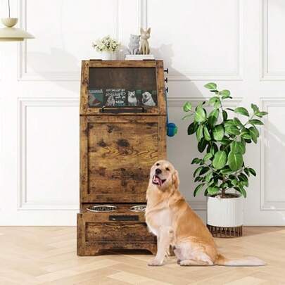 Contenedores de comida para perros con tapa abatible, comedero de madera con armario, 2 cuencos extraíbles elevados, 3 ganchos, organizador de juguetes para mascotas