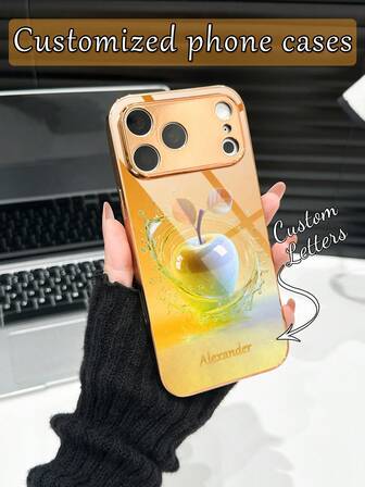 1 pieza Funda de teléfono de vidrio chapada en oro con patrón de manzana y nombre personalizado, adecuada para iPhone 17 Pro Max/16 Pro Max/15/14 Plus/13 Pro/12 Pro Max/11/Xs Max/8/7/6 Plus, de moda, colorida, linda, divertida, minimalista, a juego con el teléfono