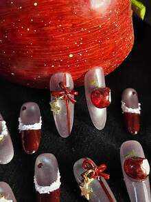 10 Pcs Handmade Press-On Nails Set – Coffin Shape | Red & Champagne Gold With 3D Apple, Bow, Wreath & Star Charms | Luxury Glossy Reusable Nail Art For Women | Elegant Valentine's Day & New Year Gift Manicure Set | Premium Nail Tips For Long-Lasting Glamour & Sophisticated Look - "Điều ước đỏ thẫm" - Xem 8
