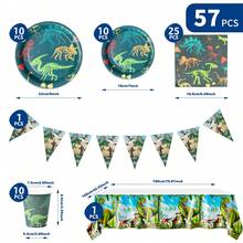 10 Stücke buntes Dinosaurier Fossil Einweg-Geschirr Set, inklusive Teller, Servietten, Becher, Tischdecke und Wimpelketten, geeignet für 10 Gäste, Einweg-Pappteller Party Zubehör für Geburtstag, Hochzeit, Themenparty, Familien-Picknick - Verschiedenfarbig - Übersicht 2