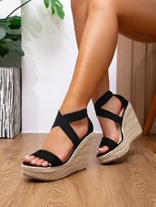 Women's Wedge & Platform Sandals, 2026 New Black Rhinestone Crossed Straps Woven Wedge Thick Bottom Vacation Fashion Sandals - Black - View 2
