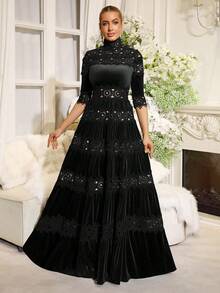 Nouvelle robe maxi en flanelle à design de dentelle brodée vintage, robe plissée sexy à col montant et manches longues ajustée, pour mariage, fête, soirée de gala, Saint-Valentin, couleur noire - Noir - Voir 3