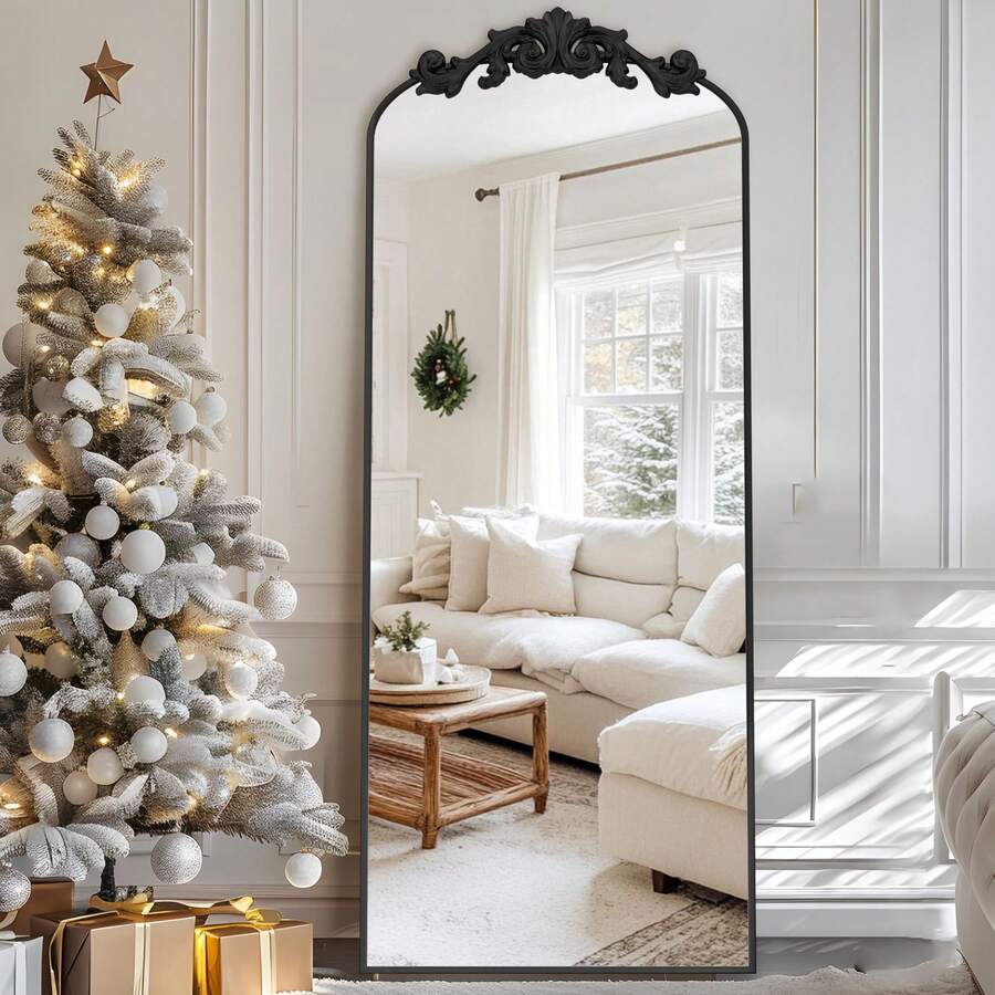 Furnbar Arched Full Length Mirror, 58"X18" Floor Mirror With Carved, Full Body Mirrors For HomeDecor, Standing/Halling Large Wall Mirror For Bedroom, Living Room, Cloakroom, Black, Retro Style - màu đen - Xem 1