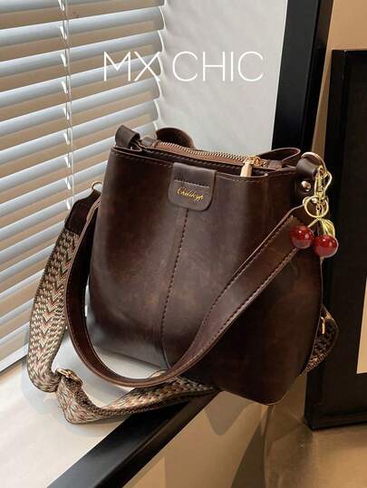 Bolso de cubo de unicolor con textura de moda de verano, de PU, retro y versátil para el hombro de mujer