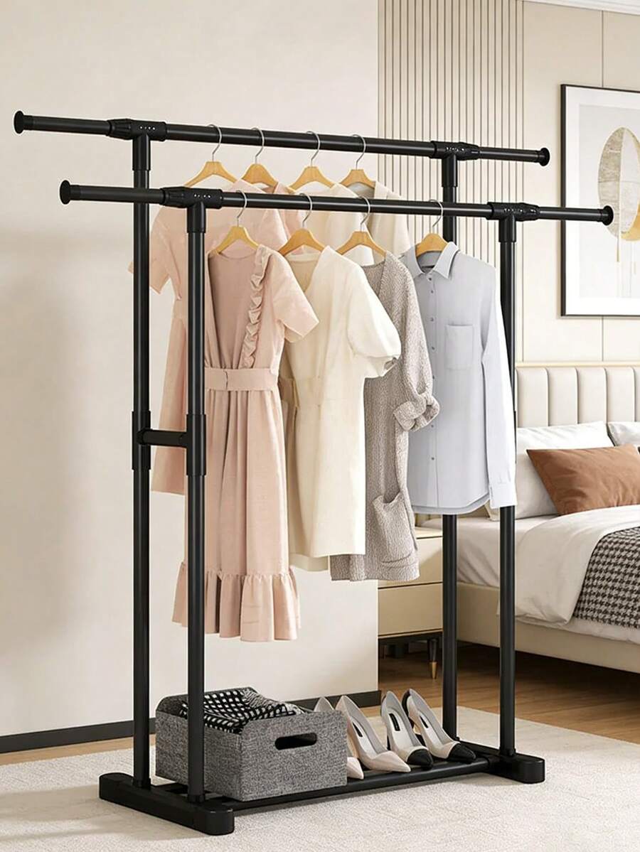 1pc Freestanding Clothes Drying Rack, Simple Balcony Laundry Hanger, Bedroom Storage Clothes Hanging Rod, Indoor Garment Rack - Black - View 1