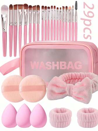 29/8/1 st sminkborsteset innehåller 20 st sminkborstar: puderborste, rougeborste, highlighterborste, ögonskuggsborste, mascaraborste, eyelinerborste, konturborste, 3 st triangulära sminksvampar för löst puder, kompakt puder, ansikte, 3 st sminksvampar sminksvampar för flytande smink, 1 st vattentät sminkväska för förvaring, 2 st stora runda puderpuffar