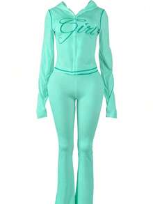 FQLWL Women's Casual Street Style Tracksuit, Printed Zip-Up Hoodie And Pants Set, Long Sleeve 2-Piece Outfit - màu xanh lá - Xem 2