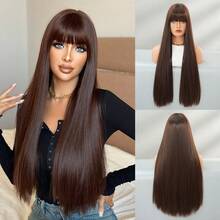 Elegant-30 Inch Mocha Brown Wigs For Women, Long Straight Wigs With Bangs, High Quality Soft Synthetic Fiber Wigs For Women Daily Wear, Festival Ready Party Use, Perfect Gift - Beginners Glueless Wig Accessories - 摩卡棕 - 查看 11