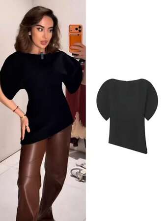 Blusas de mujer de moda con mangas abullonadas divididas, cuello redondo, manga corta, silueta ajustada y diseño irregular