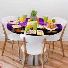 Halloween Purple Round Tablecloth With Elastic Halloween Pumpkin Round Fitted Table Cover Wipeable Circle Outdoor Table Cloths For Pattry Patio Dining Kitchen Holiday Decorate Fit For 45inch-50inch Tables,48inch(Round),B:HalloweenPurple - B:萬聖節紫色 - 查看 3