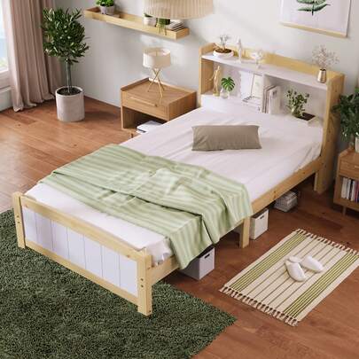 Solid Wood Einzelbett Stauraum-Kopfteil Bed, 90 X 200 Cm Bettgestell Mit Slattenrost Holzbett Mit Kopfteil, Kinderbett Jugendbett Kiefer Massive Natürlich Und Weiß (Ohne Matratze Und Schubladen)