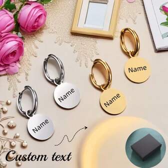 1 Pair Of Fashionable And Simple Personalized Custom Round Pendant Earrings, Stainless Steel Pendant For Parties, Birthdays, Anniversaries, Mother's Day, Valentine's Day, Eng