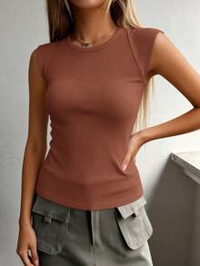 Women's Summer Clothes Tanktop Casual Ribbed Cap Sleeve Slim Fitted Knit Basic Cute Tops Tee Shirts  Fashion Vacation Brown Clothes Tops For Women - 棕色 - 查看 5