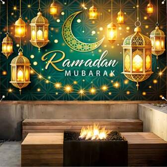 1 st Ramadan Mubarak-banderoll, polyester, mångsidig festdekoration, väggbonad för Eid-firande, ingen el krävs, lämplig för inomhus- och utomhusbruk