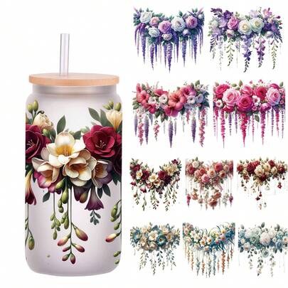 5pcs UV DTF Garland Wraps Suitable Transfer Paper For Mugs, Glass Jars & Coffee Cups - 16oz Flower With Easy Iron-On Application, Paper Sheets For DIY Crafts, Tea Cups, Showers & Weddings