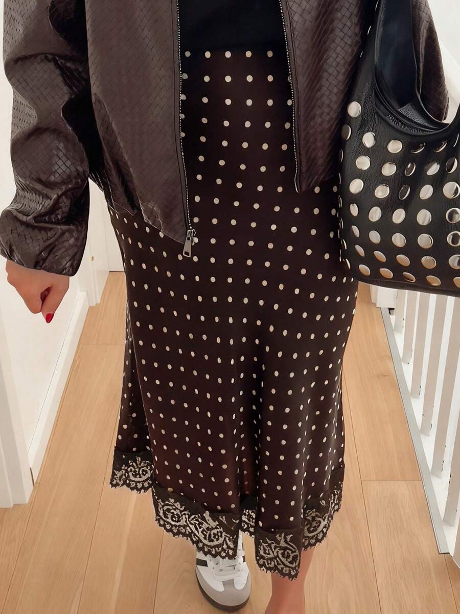 Women's Summer Long Dress With Polka Dot Print Lace Trim Hem, Suitable For Casual And Party Wear, Suitable For Outdoor Activities, Soft And Breathable, Daily Use, Christmas, New Year, Valentine's Day Gifts, Promotion - 深棕色 - 查看 1
