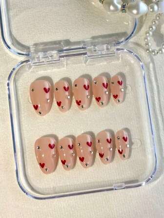 [10pcs Short Almond Press-On Nails]Valentine's Day Handmade Soft Pink Fake Nails With Red Heart & Sparkle Rhinestone Decoration, Glossy Translucent Romantic Love Design, Reusable False Nails Set – Come With FREE Jelly Glue & Nail File For Valentine Date/DIY Manicure