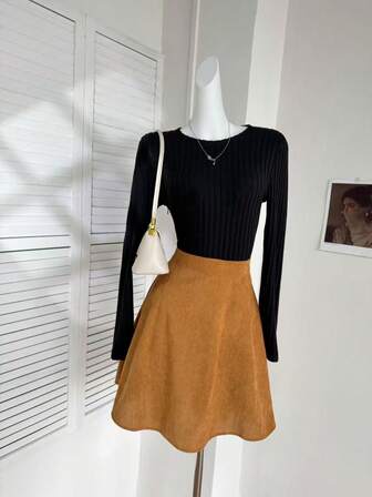 女士优雅休闲针织拼接长袖修身连衣裙，秋冬款