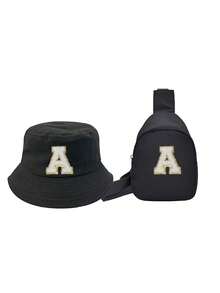 2pcs/Set Kids Letter Print Bucket Hat & Shoulder Bag Set, Fashionable Minimalist Sun Hat For Boys & Girls Daily Outing - Black - View 5