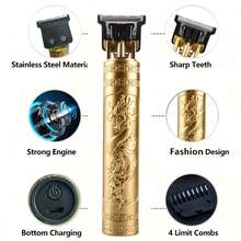 Cortadora de pelo profesional para hombres, recortadora inalámbrica con hoja en forma de T y grabado de dragón, máquina de corte de cabello y barba recargable por USB, 4 peines guía, herramienta de barbería silenciosa para uso doméstico y salón - Multicolor - Ver 2