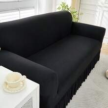 1pc Solid Black Stretch Skirt Style Sofa Cover, Black Sofa Dust Cover For 1/2/3/4 Seater Sofa, Soft Fabric Suitable For Living Room, Bedroom, Study - Black - View 6