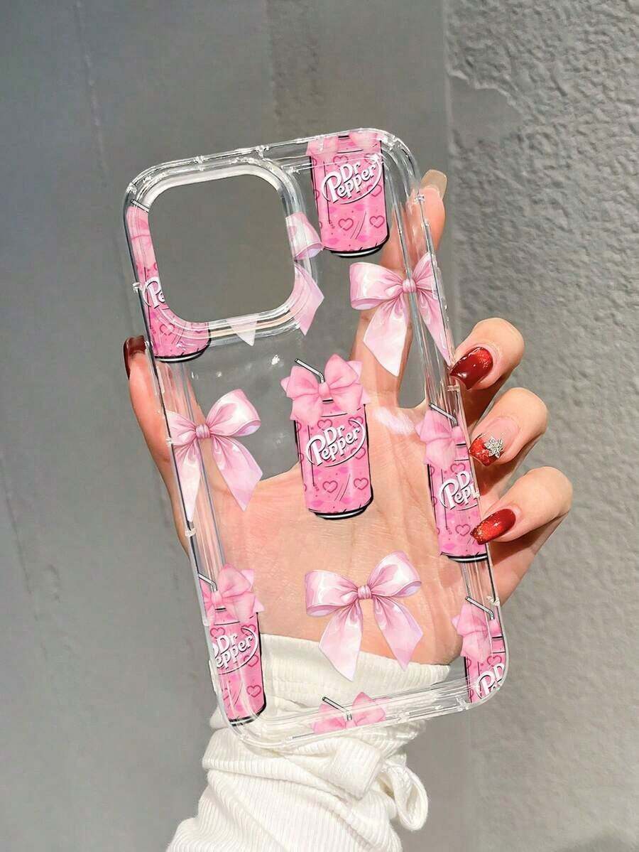 Bow-Knot 1pc Cute Pink Bow & Soda Print Shockproof Phone Case Compatible With IPhone 11 12 13 14 15 Pro Max/13 Pro Max XR XS 16 16 Pro Max, S24 S20 FE S23+ A54 5G, A52, A14, A15, A12, S22, S21, A33 5G, Galaxy A50, S25 Series, Gifts For Men And Women - 1pc - 查看 1