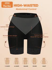 MIOTAN 3pcs Women Plus Size Mid-High Waist Panties Safety Shorts Comfortable Lace Patchwork Soft Minimalist - Multicolor - View 5