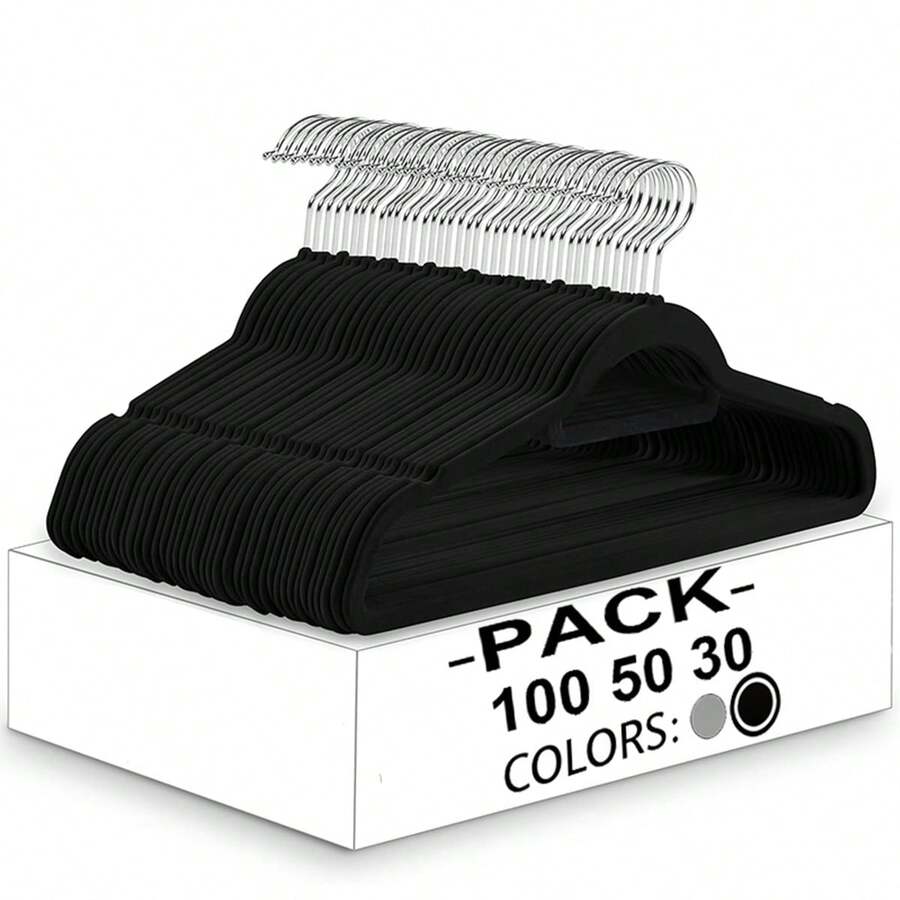 Velvet Hangers 100/50/30 Pack, Non Slip Clothes Felt Hanger Heavy Duty For Coat, Premium Slim Space Saving Suit Hangers For Closet Organizer, 360° Rotating Silver Hook - 黑色 - 查看 1