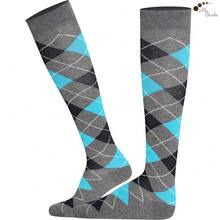 Mysocks Unisex Knee High Long Socks Argyle,8-11,AshNavyTurquoise - 灰色海軍藍綠松石色 - 查看 4