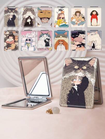 1pc Cute Cartoon Cat Series Compact Folding Makeup Mirror, Lightweight, Ultra-Thin, Durable PU Leather & Metal, Suitable For Travel, Gatherings, Work, School
