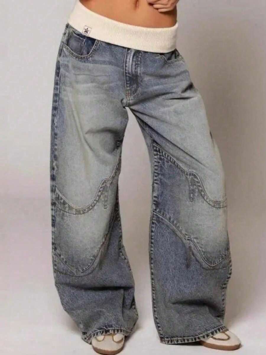 Y2K Women Oversized Wide-Leg Jeans High-Waisted Waist Boyfriend Streetwear Vintage Jeans Wide Leg Denim Pants With Pockets - Xanh cổ điển - Xem 1