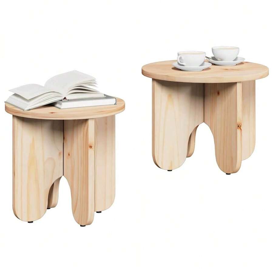 mesa de centro vidaXL, conjunto de 2 peças, cor natural, 39,5 x 39,5 x 30 cm, madeira maciça de pinho. - Castanho - Ver 1