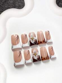 10pcs Handpainted Autumn Acrylic Nail Art Set, Includes Press-On Nail Stickers, Almond-Shaped Nail Stickers, Square Nail Stickers, Duck Bill Nail Stickers, White & Brown Gel Nail Stickers, Leopard Print Nail Stickers, Pinched Flower Nail Accessories With Golden Beads, Comes With Tool Kit, Suitable For Women & Girls, Perfect For Daily Photos, Essential For Autumn/Winter Nails Nail Supplies - Nhiều màu - Xem 12