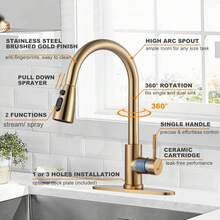Gold Kitchen Faucet, Brass Kitchen Faucet With Pull Down Sprayer, Single Hole Stainless Steel Brushed Gold Faucet For 3 Hole Kitchen Sink Gooseneck For Commercial Modern Camper RV Farmhouse Bar Sink - Brushed Gold - View 7