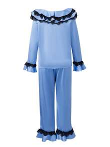 Women's Pajamas Set Long Sleeve Turn Down Color Ruffled Button Up Tops And Elastic Waist Pants Lounge Wear 2 Pcs Set - 藍色 - 查看 2