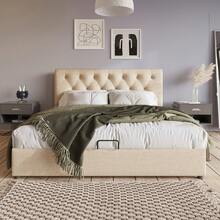 (=767778AAN) Hydraulically Adjustable Upholstered Bed 140x200cm, Adjustable Headboard, Double Bed With Metal Frame Slatted Base, Modern Bed Frame With Storage Space, Natural, Without Mattress - Beige - View 11