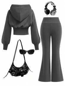 Girls Letter Graphic Hoodie Sweatshirt And Flare Pants Set - Grey - View 2