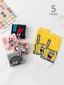 SpongeBob SquarePants 5 đôi tất cổ ngắn nữ, tất in hình hoạt hình phong cách thường ngày, thích hợp cho mùa xuân, hè, thu, phù hợp mặc hàng ngày, đi du lịch, đi học, tất cổ thấp. - Nhiều màu - Xem 3