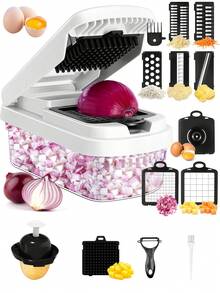 15件套蔬菜切碎器，15合1多功能食物切碎器，专业7刀片洋葱切碎器，带容器的蔬菜切碎器，可切碎沙拉、土豆、胡萝卜和大蒜，厨房必备 - 彩色 - 查看 1