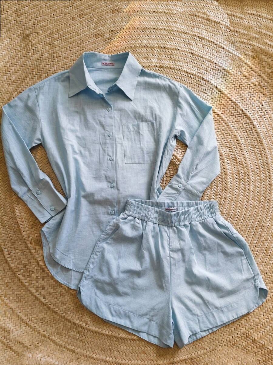 Oversized Shirt And Shorts Set - Baby Blue - View 1