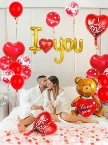 21pcs Valentine's Day Balloon Set, Includes Teddy Bear Hugging Heart, "I Love You", 18-Inch Heart Foil Balloon, And Red Latex Balloons, Suitable For Valentine's Day, Birthday, Party Decoration, Romantic Decoration, Confession, Proposal, Wedding, Anniversary, Bride Gift Decoration Balloons - Multicolor - View 6