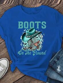 Spring Tops Women's Western Cowboy Boots And Hat "Boots Landing" Slogan Print Pattern T-Shirt - Casual Short Sleeve T-Shirt, Suitable For Summer And Autumn, Soft And Comfortable Fabric, Simple And Fashionable, Casual Versatile Loose And Comfortable Tops - Màu xanh lam - Xem 1