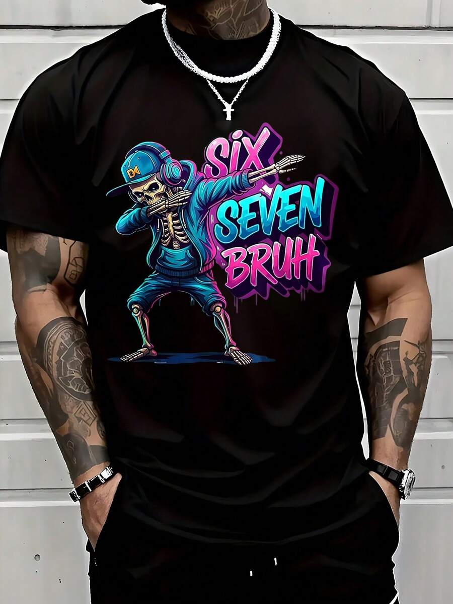 Funny Six Seven Bruh Meme T-Shirt - Black With Neon Pink & Blue Graffiti Skeleton Dance Print, Casual Streetwear Tee For Parties, Gaming & Casual Attire - Gen Alpha 6/7 Number Meme Outfit - 黑色 - 查看 1