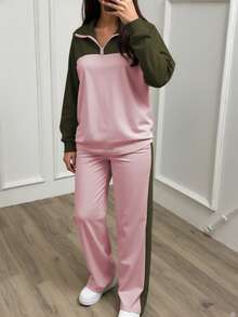 Women's Casual Set, Elegant Sports Suit With Polo Collar Loose Top And Wide Leg Pants, 2 Pieces Set, Suitable For Spring, Autumn And Winter - Pink 2 + Army Green 40 - View 3