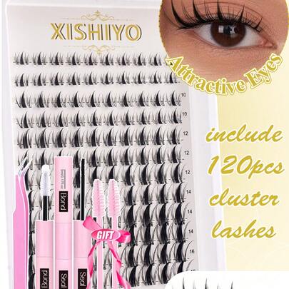 120片卡通风格假睫毛簇，8-18毫米，C型卷翘浓密，宽跨度，DIY睫毛嫁接，水润妆效，动漫风格尖刺状单根假睫毛，配0.05毫米超薄隐形睫毛梗