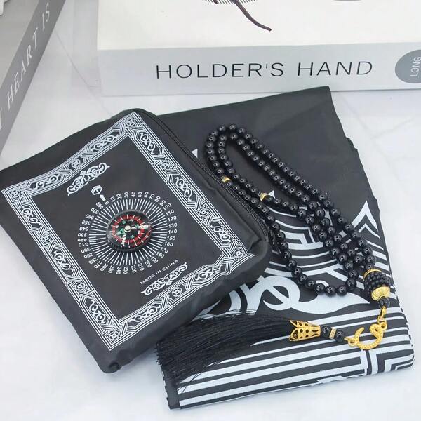 Alfombra de oración portátil para Ramadán con brújula de Qibla - Alfombra de viaje plegable y ligera, lavable a máquina, verde/negro (esencial para Ramadán y viajes)